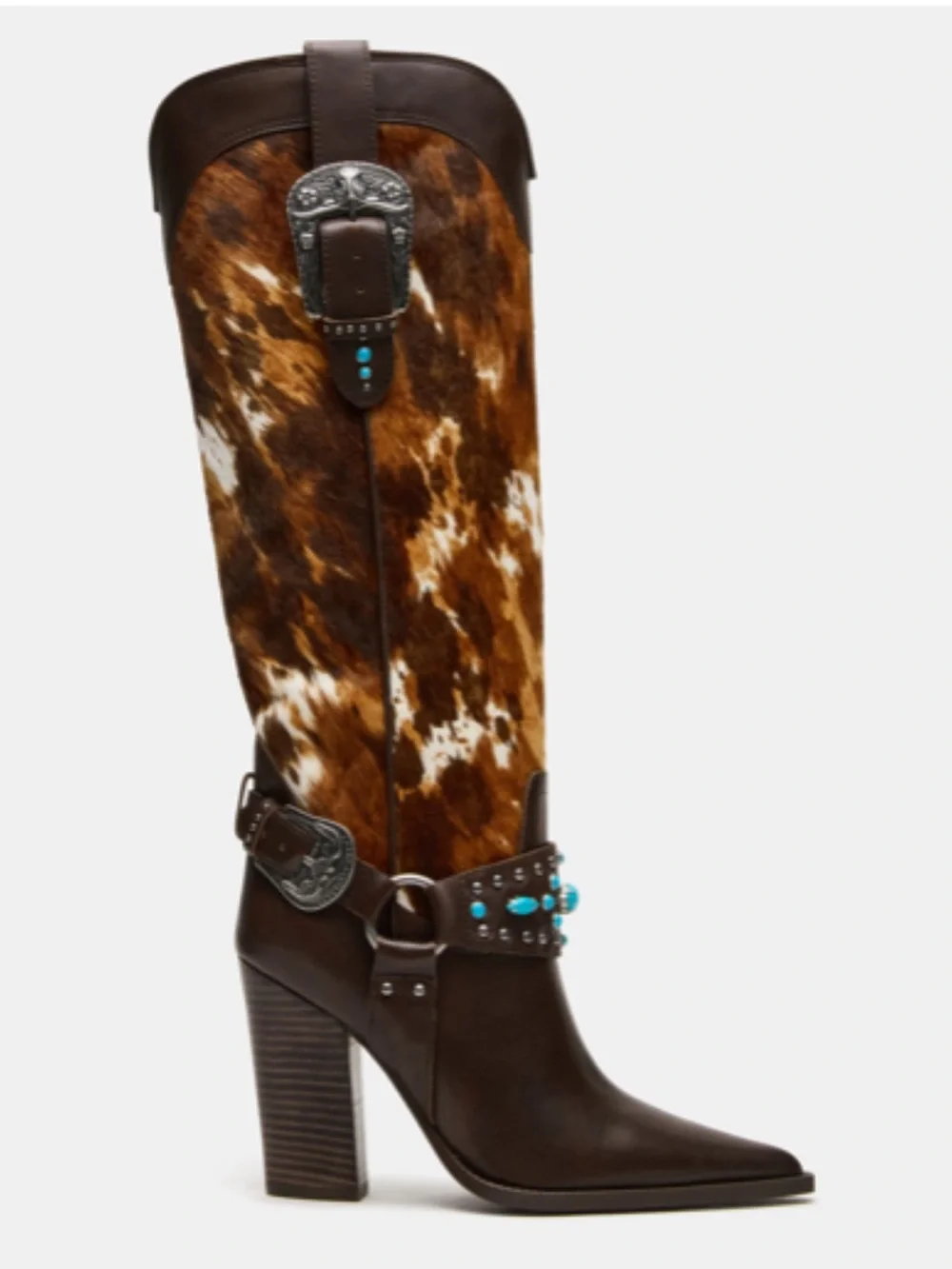Steve Madden Kolt Brown Cow Print Western Knee-High Boots with Turquoise Accent.